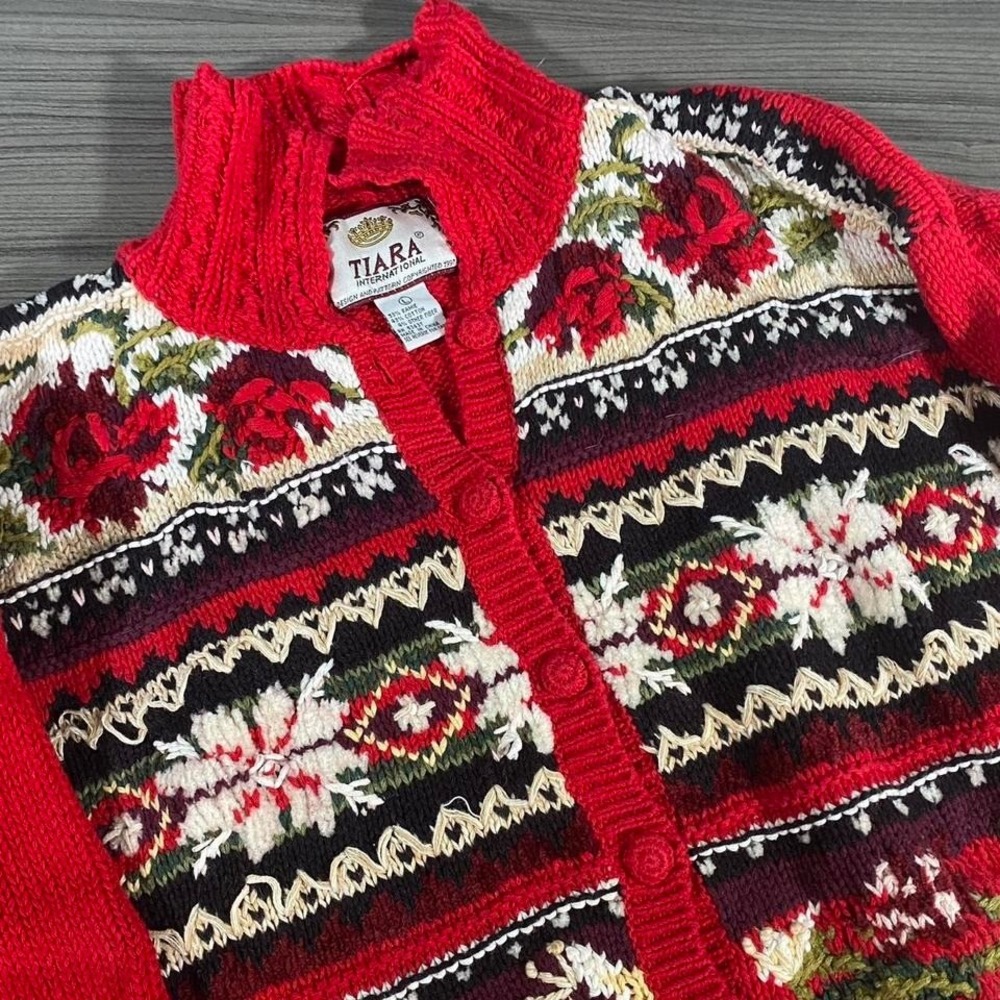 Vintage 90s Tiara International Floral Snowflake Knit Cardigan Sweater Size L